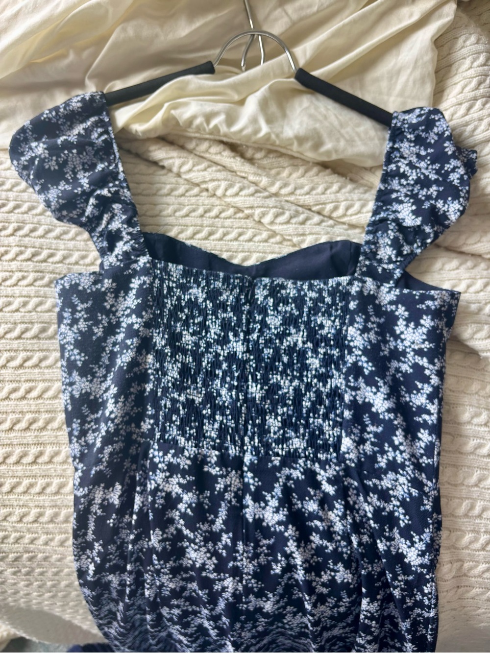French Connection Navy Floral Midi Dress with Puff Straps - Picture 2 of 4